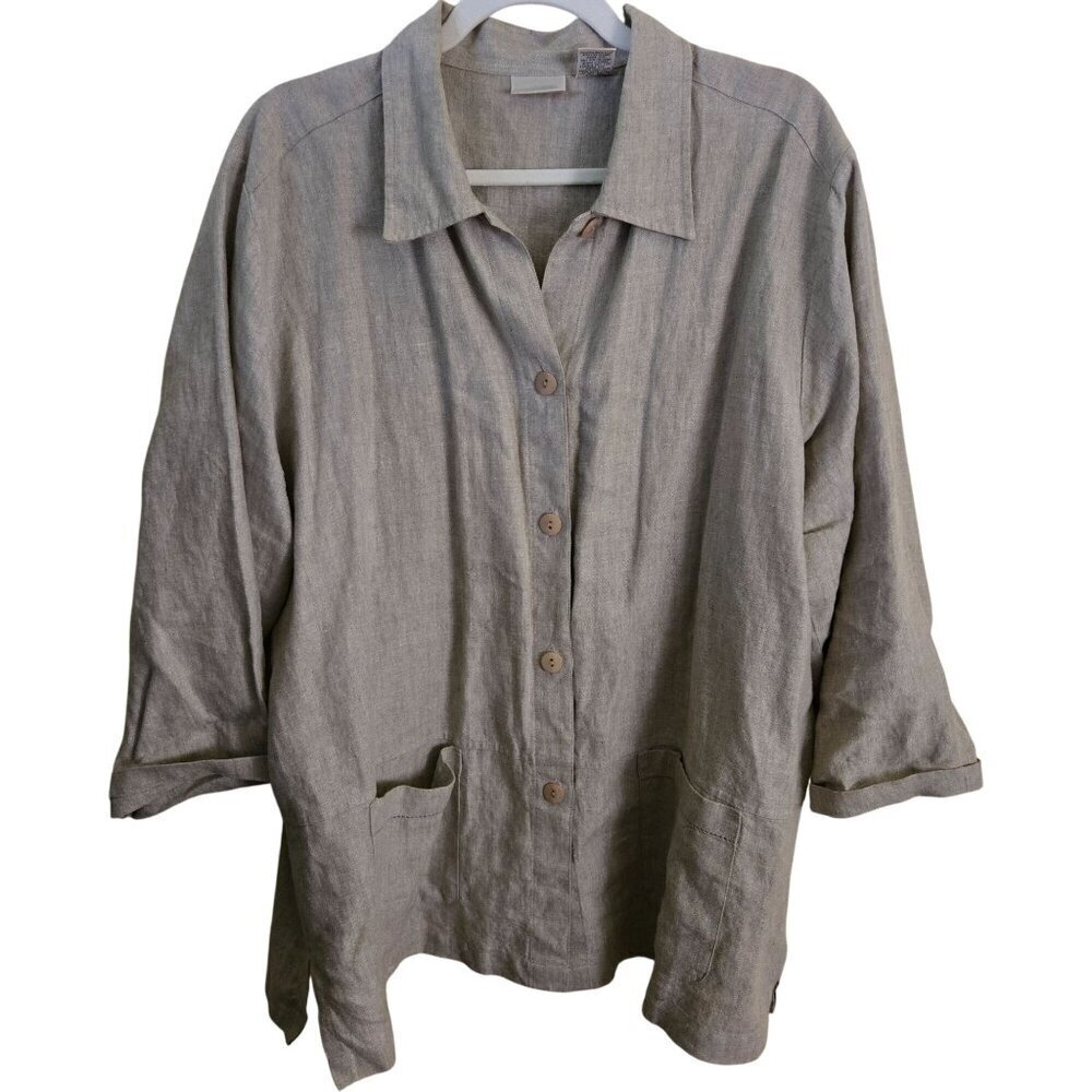 L.L. Bean Vintage 100% Linen Neutral Beige Lagonlook Button Front Tunic Size XL
